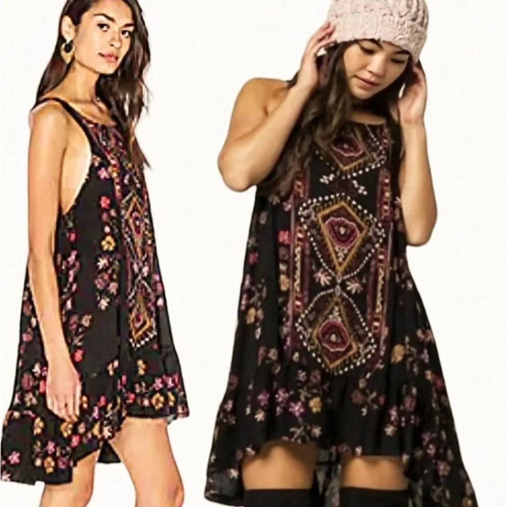 Free People Annka Border Slip Dress Asymmetrical Purple and Pink High-Lo Size M